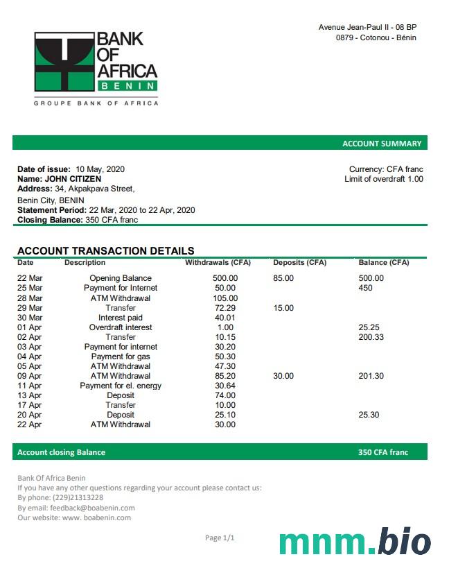 Wyciąg bankowy Benin Bank Of Africa łatwy do wypełnienia szablon w formacie Excel i PDF